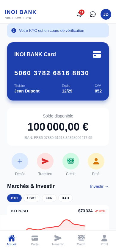 Application INOI BANK — tableau de bord